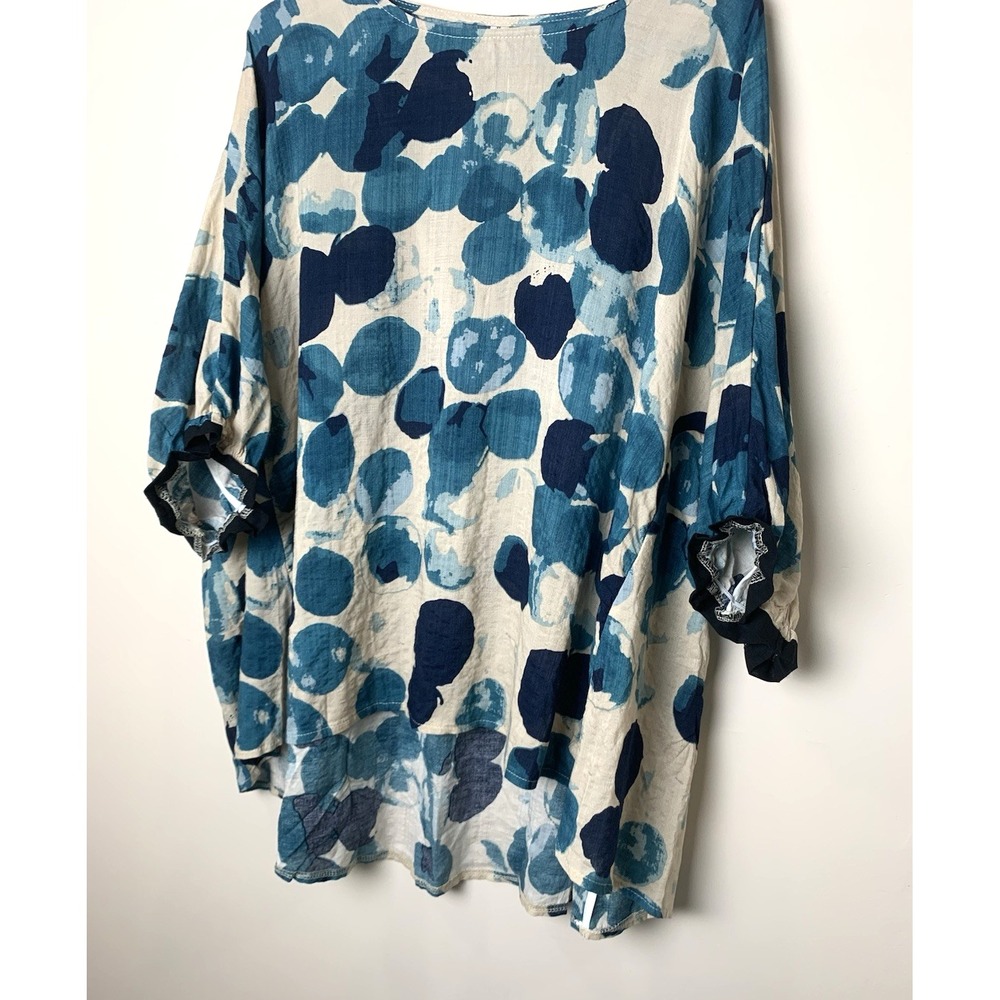 NEW Artsy Lagenlook Linen Top Womens One Size Abstract Blue Print HiLow - Picture 6 of 14